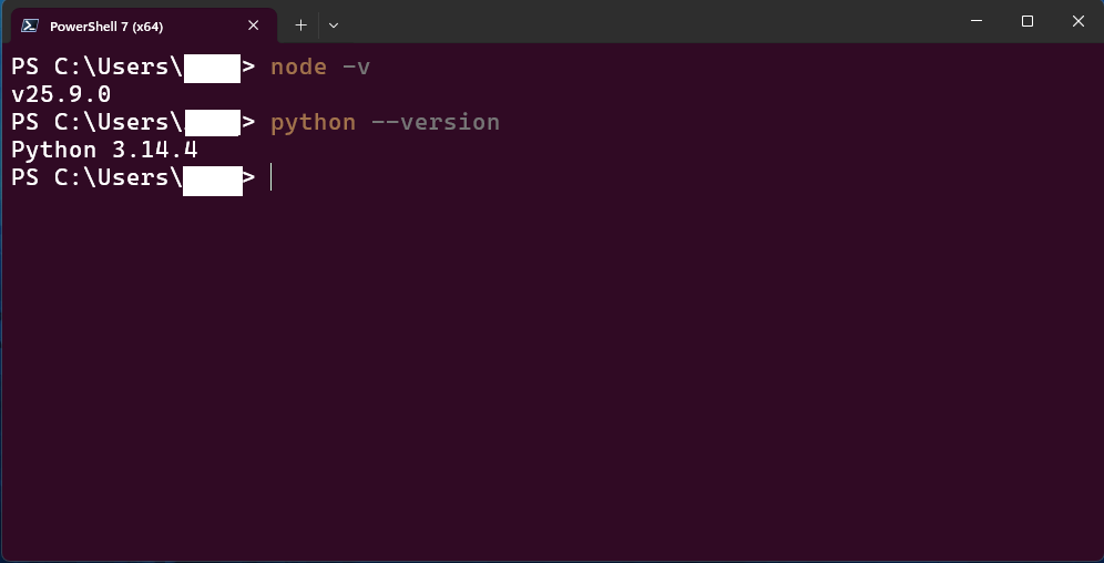 PowerShell showing node and python versions
