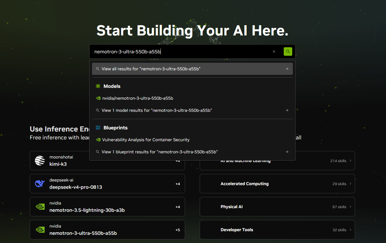 Searching for nemotron-3-ultra-550b-a55b on build.nvidia.com