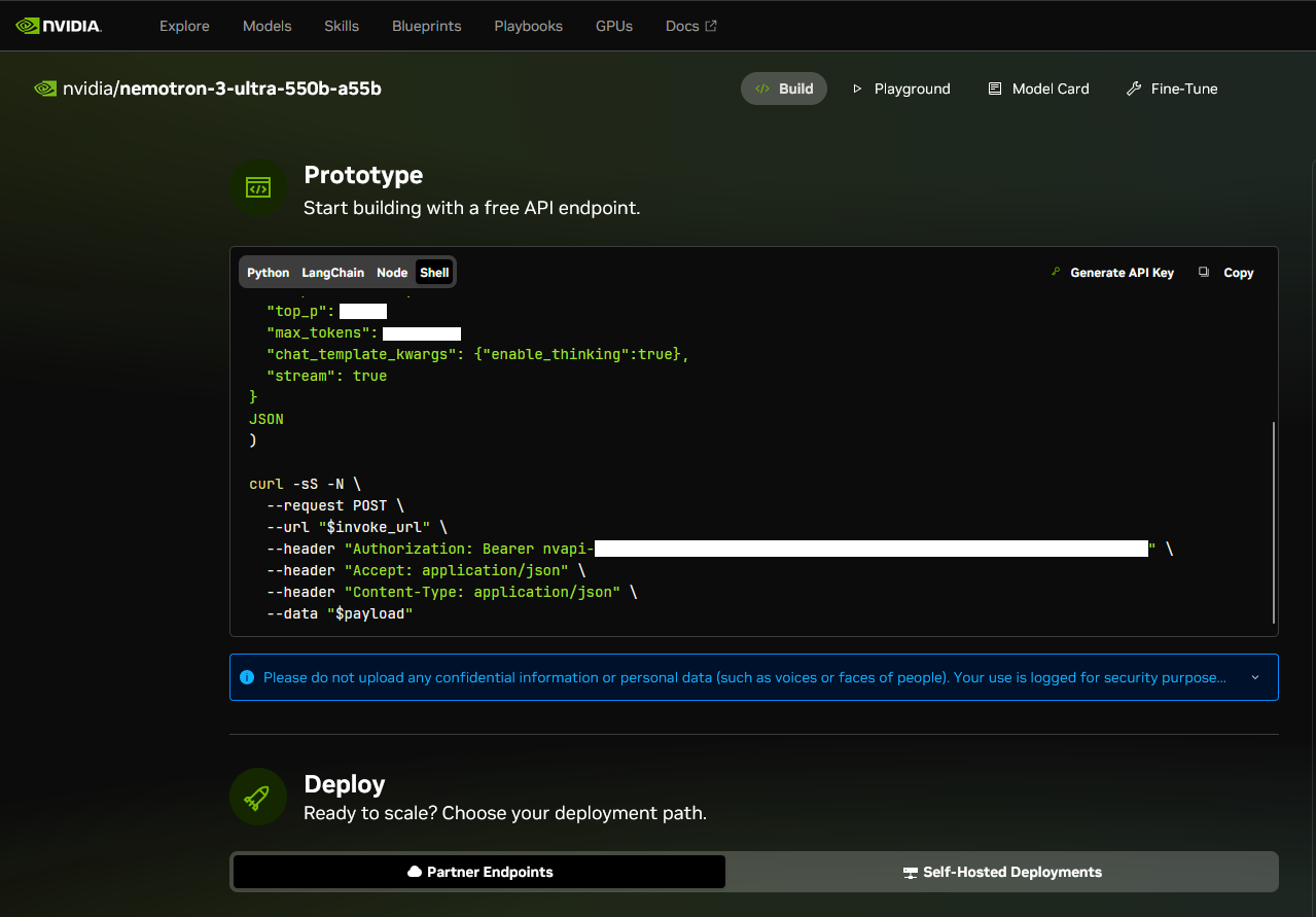 Model page with Generate API Key button