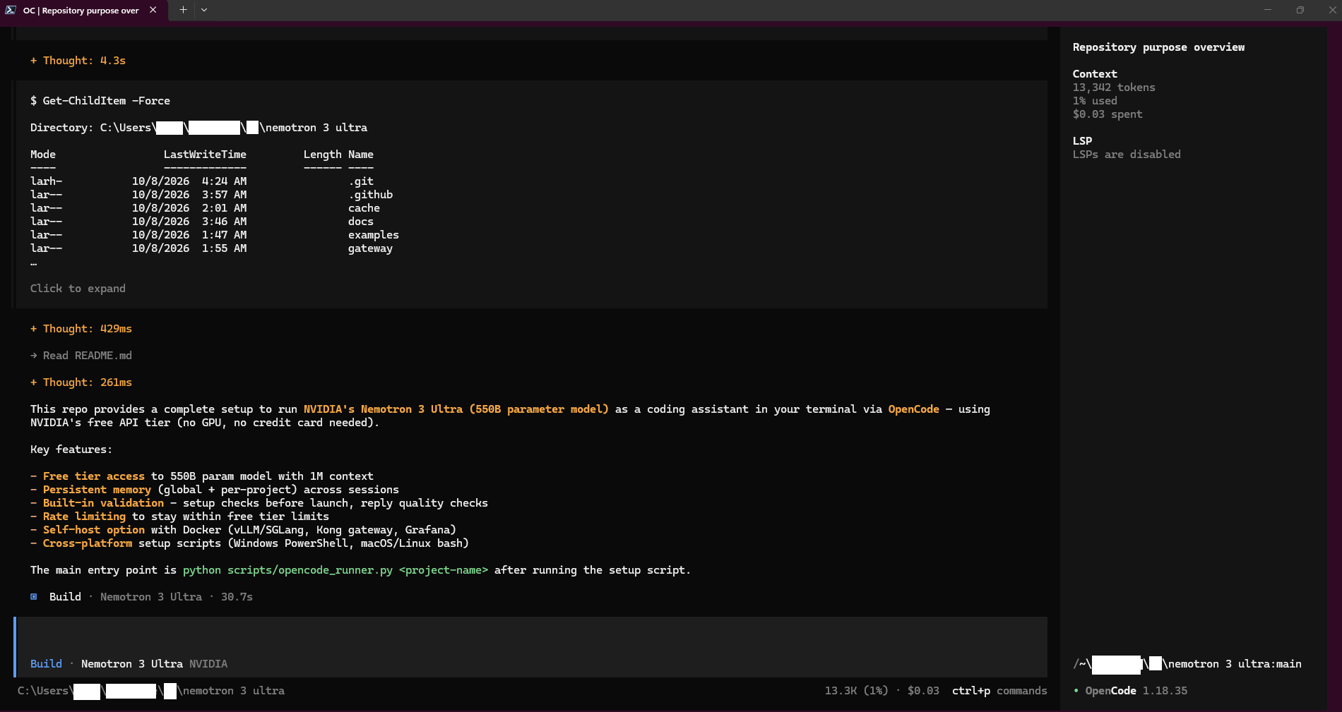 OpenCode answering a prompt with Nemotron 3 Ultra